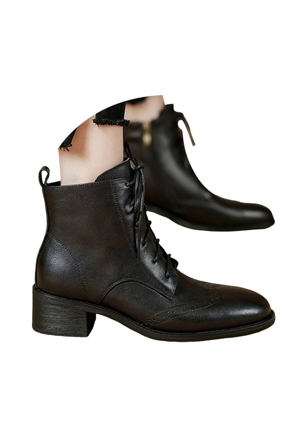 Womens Ankle Boots Lace up Flat Fashion Combat Booties Low Heel Dressy Work Shoes with Side Zipper