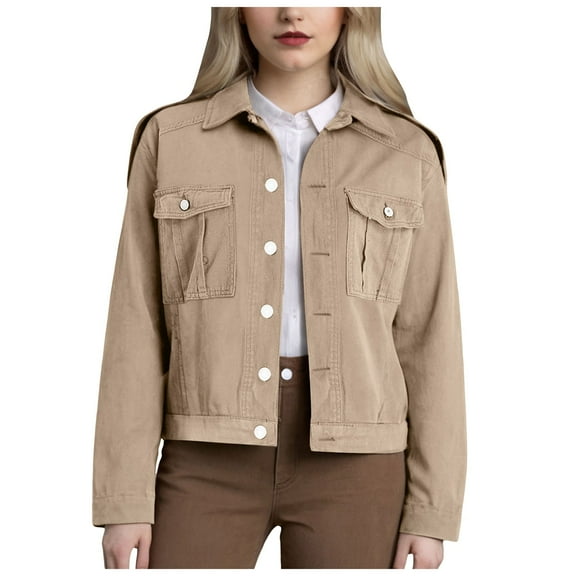 Juosiy Womens Autumn and Winter Trendy Short Denim Jacket Casual Lapel Solid Color Long Sleeve Button Outwear with Pockets