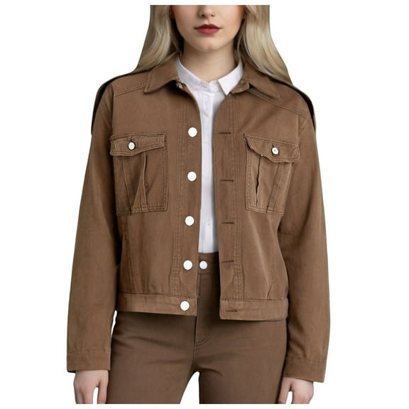 Juosiy Womens Autumn and Winter Trendy Short Denim Jacket Casual Lapel Solid Color Long Sleeve Button Outwear with Pockets