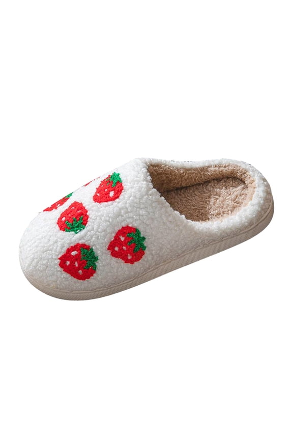 Womens Bedroom Slippers Cute Strawberry Pattern Warm Soft Fuzzy Non Slip Work Shoes