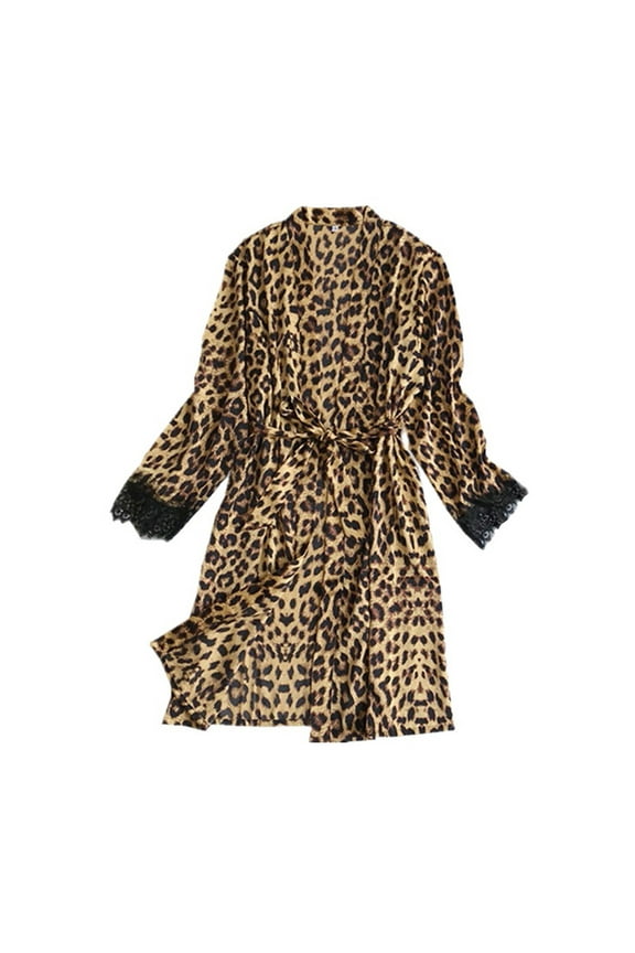 Womens Fashion Sexy Leopard Print Silk Sleepwear Thin Long Sleeve Drop Shoulder Lace Decoration Long Satin Nightdress