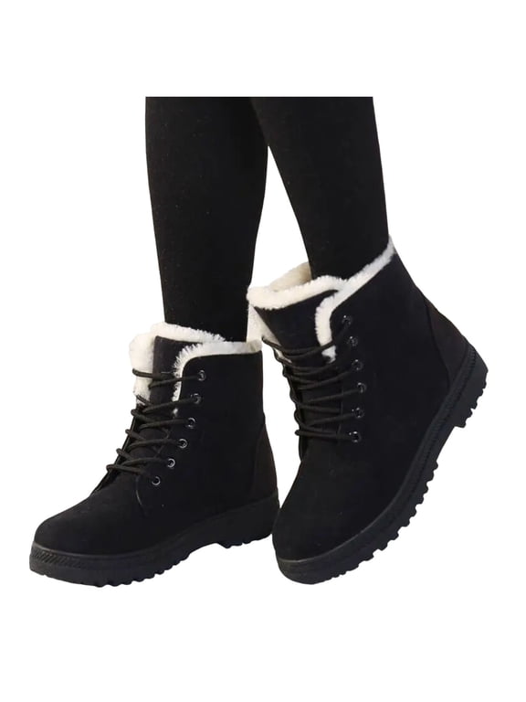 Womens Fleece Lined Ankle Boots Winter Non Slip Snow Booties Warm Lace up Walking Shoes