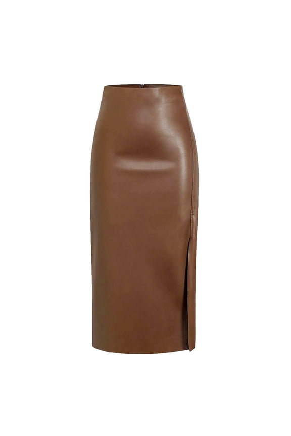 Womens High Waist Leather Bodycon Skirt Fashion Solid Color Side Slit Pencil Long Skirt