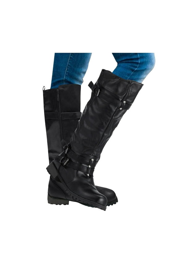 Womens Knee High Boots Comfortable Flat Wide Calf Riding Booties Retro Buckle Winter Fall Shoes