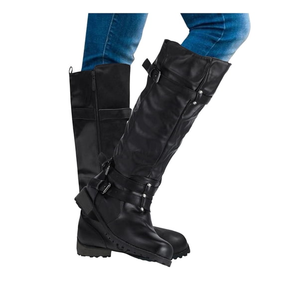 Juosiy Womens Knee High Boots Comfortable Flat Wide Calf Riding Booties Retro Buckle Winter Fall Shoes
