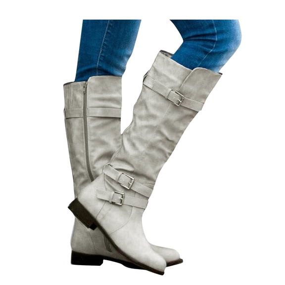 Juosiy Womens Knee High Boots Comfortable Flat Wide Calf Riding Booties Retro Buckle Winter Fall Shoes