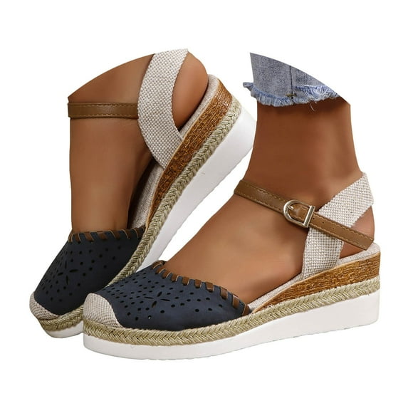 Juosiy Womens Platform Sandals Ankle Strap Sandals Lace Embroideried Closed Toe Flat Dress Shoes