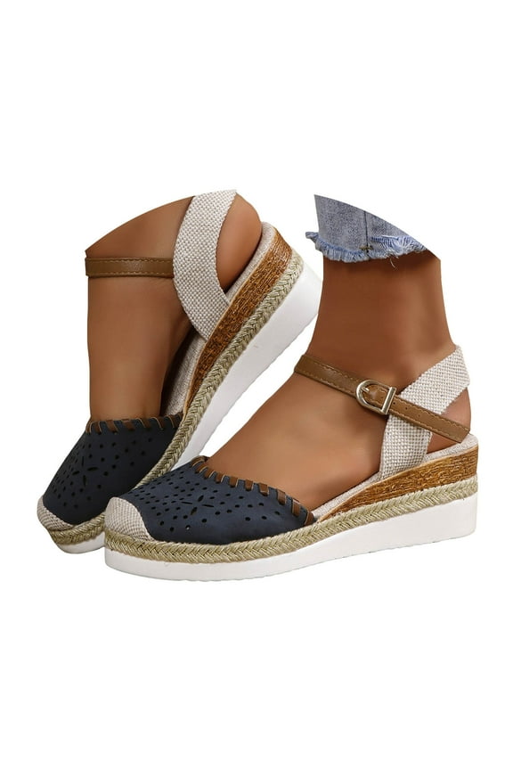 Womens Platform Sandals Ankle Strap Sandals Lace Embroideried Closed Toe Flat Dress Shoes