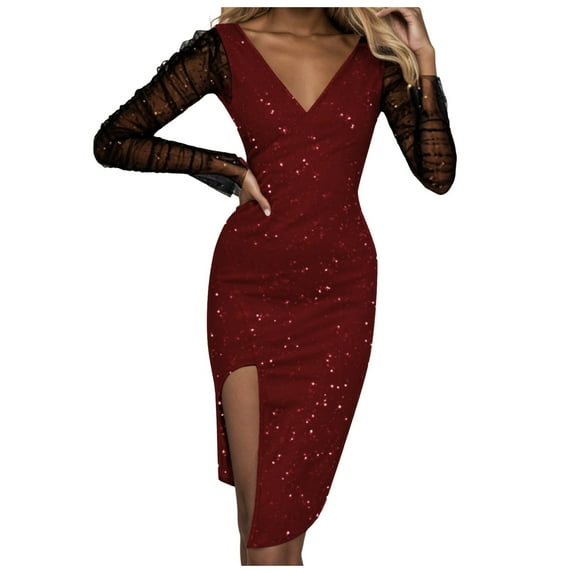 Juosiy Womens Sexy V Neck Stamping Diamond Warp Dresses See-Through Meah Long Sleeve Side Slit Dress