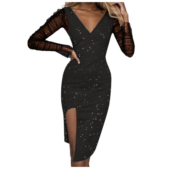 Juosiy Womens Sexy V Neck Stamping Diamond Warp Dresses See-Through Meah Long Sleeve Side Slit Dress