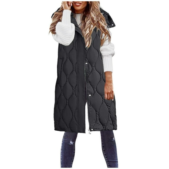 Juosiy Womens Solid Color Hooded Long Quilted Vest Full Zip Sleeveless MidLength Padded Coat Winter Outerwear