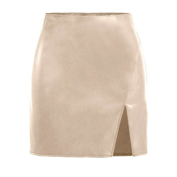 Juosiy Womens Trendy Vintage High Waist Short Bodycon Skirts Solid Color Slit Mini Leather Skirts