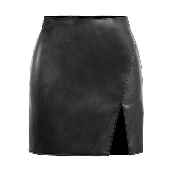 Juosiy Womens Trendy Vintage High Waist Short Bodycon Skirts Solid Color Slit Mini Leather Skirts