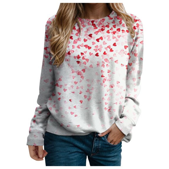 Juosiy Womens Valentine's Day Pullover Fashion Heart Printed Baggy Boat Neck Long Sleeve Sweatshirt