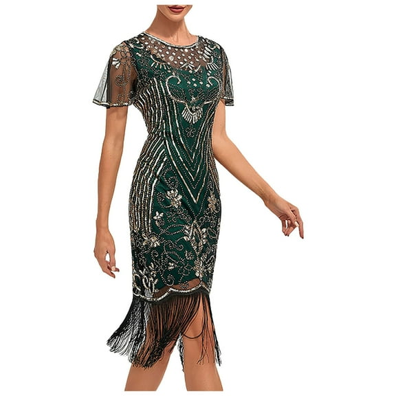 Juosiy Womens Vintage Mardi Gras Themed Masquerade Sequined Dress Short Sleeve See-Through Round Neck Skirts