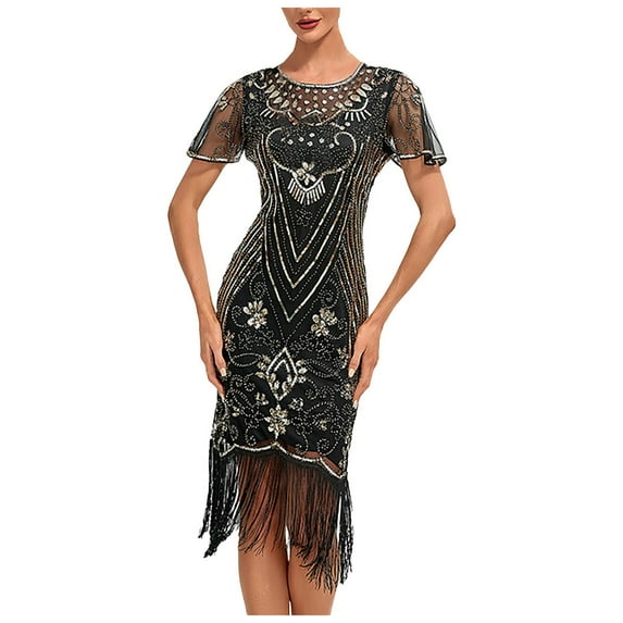 Juosiy Womens Vintage Mardi Gras Themed Masquerade Sequined Dress Short Sleeve See-Through Round Neck Skirts