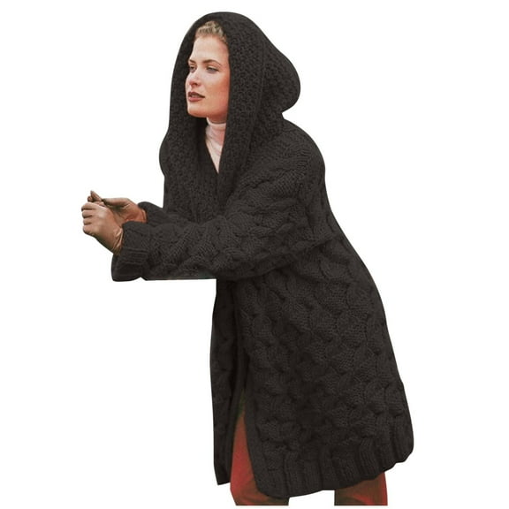 Juosiy Womens Winter Oversized Hooded Cardigan Sweaters Loose Solid Color Open Front Long Sleeve Knit Twist Outerwear Coats