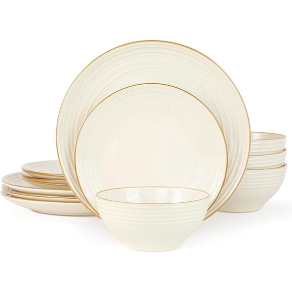 Jupiter 12-Piece Stoneware Dinnerware Set for 4, Handcrafted Plates and Bowls with Speckles & Embossed Swirls, Chip/Scratch Resistant, Microwave/Dishwasher Safe, Modern Dishes, Vanilla White
