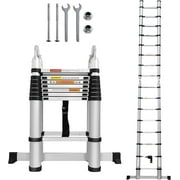 Jupiter Adjustable Telescoping Ladder A-Frame Ladder with Stabilizer Bar, 16.5 ft, Stainless Steel