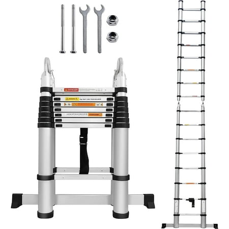 Jupiter Adjustable Telescoping Ladder A-Frame Ladder with Stabilizer Bar, 16.5 ft, Stainless Steel