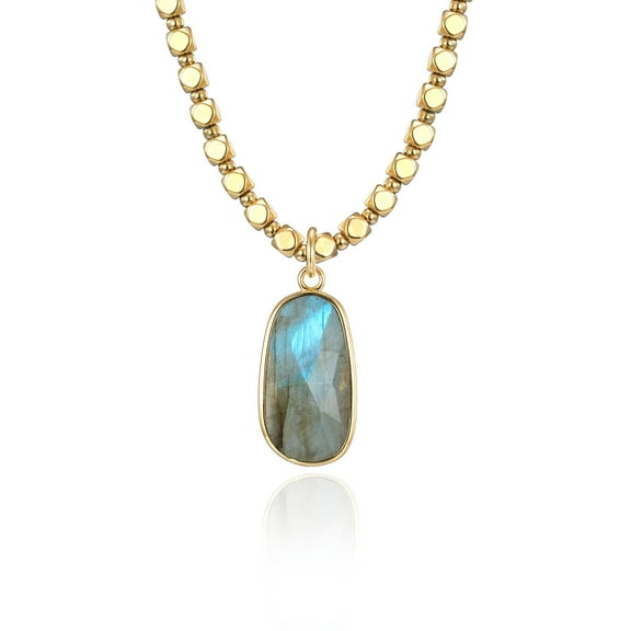 Jupiter Natural Labradorite Pendant Necklace, 14K Gold Plated Natural Labradorite Square Bead Pendant Necklace for Women, Genuine Labradorite Necklace for Valentine's Day, Mother's Day, Birthday Jewel