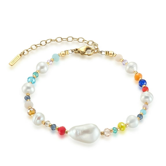 Jupiter Natural Pearl & Mixed Color Bead Bracelet, 14K Gold Plated Natural Pearl Creative Handmade Bracelet for Women, Genuine Pearl Bracelet for Valentine's Day, Mother's Day, Birthday Jewelry Gifts
