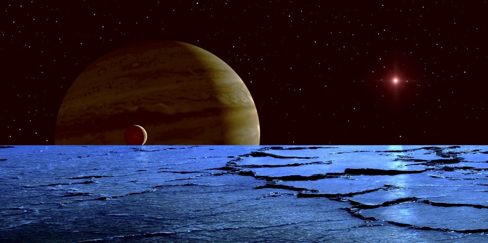 Jupiter and its moon Lo as seen from the frozen surface of Jupiters moon Europa Canvas Art - Frank HettickStocktrek Images (41 x 20)