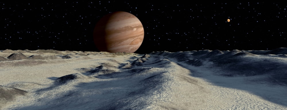 Jupiters large moon Europa is covered by a thick crust of ice Canvas Art - Ron MillerStocktrek Images (45 x 18)