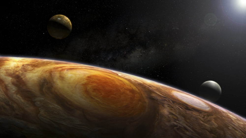 Jupiters moons Io and Europa hover over the Great Red Spot on Jupiter Canvas Art - Steven HobbsStocktrek Images (19 x 11)