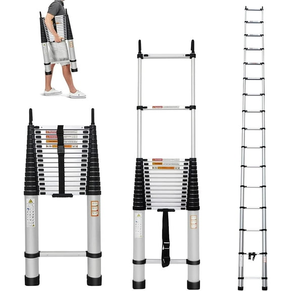 Jupitor Telescoping Ladder 20FT Aluminum Extension with Roof Hooks, 2.8Inch Detachable Hooks Prefect for Home Or Outdoor Rooftop, Collapsible Attic Rv 330lb Capacity