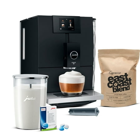 Jura ENA 8 Automatic Espresso Machine (Full Metropolitan Black) Bundle with Jura Glass Milk Container, Jura Water Stabilizer, 1-Pound Whole Bean Coffee and Jura Cleaning Tablets (5 Items)