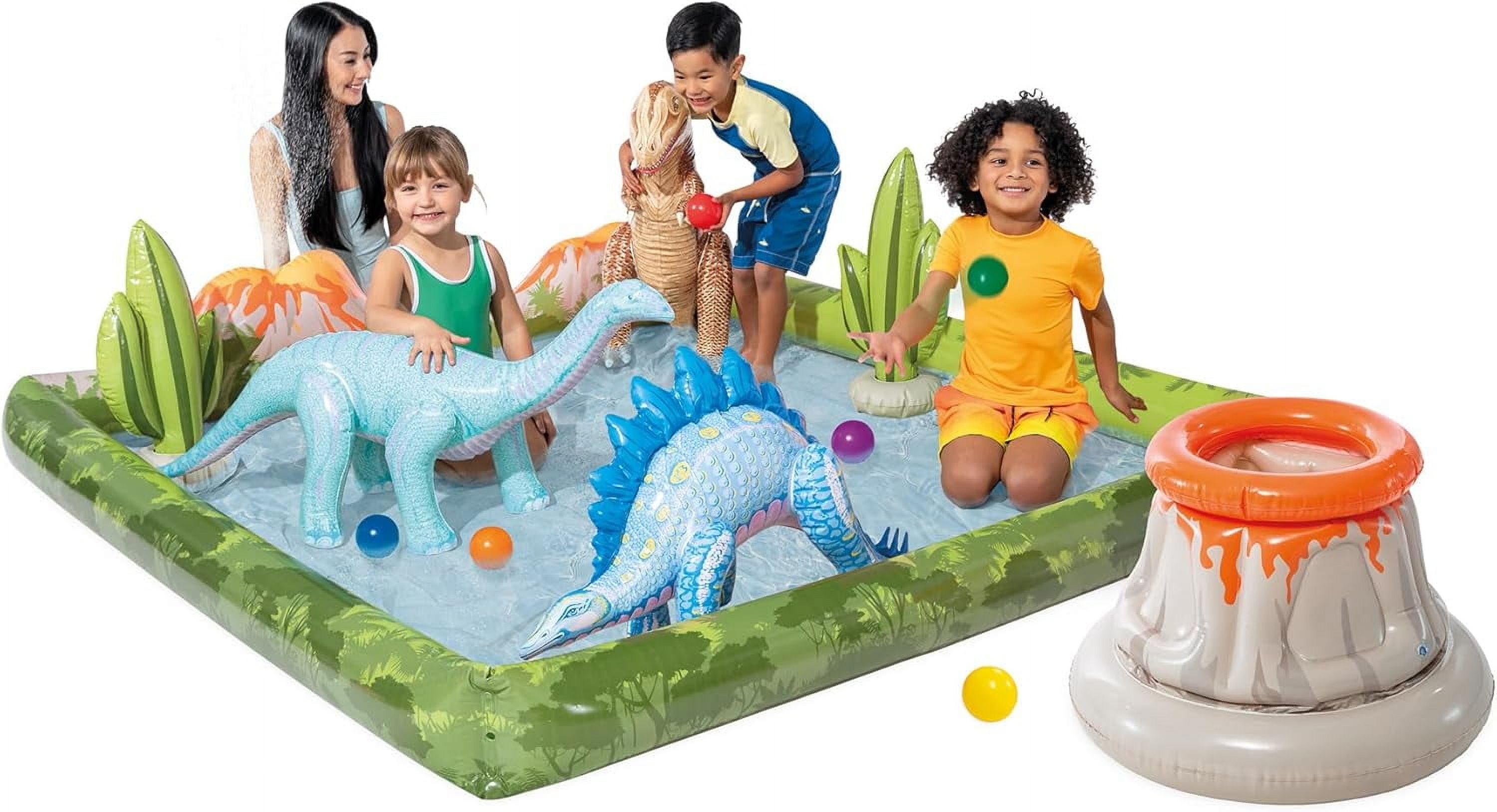 Jurassic Adventure Inflatable Kiddie Pool with Water Sprayer, Slide & Dinosaurs - 79" x 79" x 14" - Ages 2+