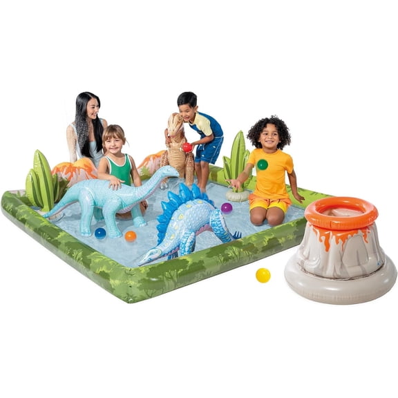 Jurassic Adventure Inflatable Kiddie Pool with Water Sprayer, Slide & Dinosaurs - 79" x 79" x 14" - Ages 2+