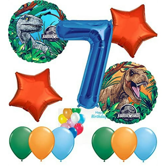 Jurassic Birthday Party Supplies Decorations Balloon Bundle with Character Mylar's, Star Shaped Mylar's, Latex Balloons and Blue Number 7 Mylar (11 Items)