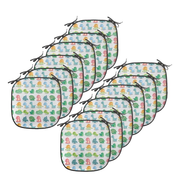 Jurassic Chair Seating Cushion Set of 12, Colorful Dinosaur Pattern Beast Fantasy Primeval Times Happiness, Seat Pads for Office with Anti-slip Backing, 16"x16", Green Turquoise Marigold, by Ambesonne