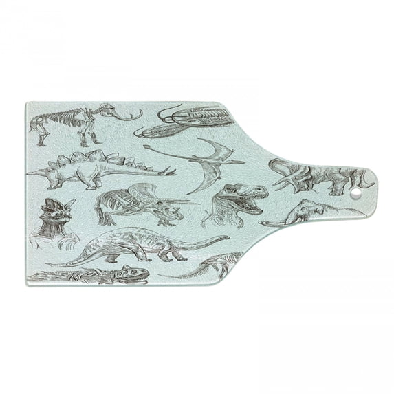 Jurassic Cutting Board, Arrangement of Various Dinosaurs Illustrations Skeleton Biology Historic, Tempered Glass Cutting and Serving Board, Wine Bottle Shape, Dark Brown White, by Ambesonne