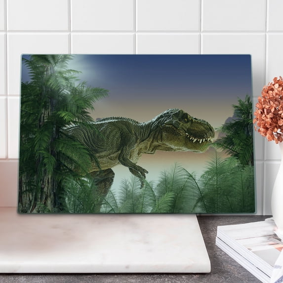 Jurassic Cutting Board, Dinosaur in the Jungle Trees Forest Nature Woods Scary Predator Violence, Decorative Tempered Glass Cutting and Serving Board, Large Size, Green Blue Peach, by Ambesonne