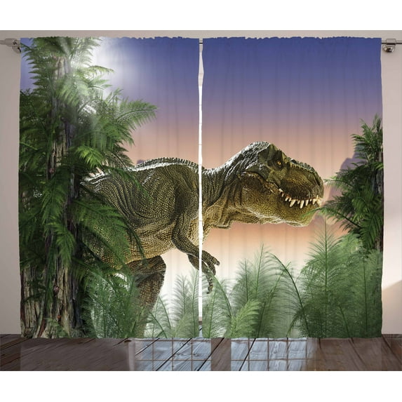 Ambesonne Jurassic Curtains 2 Panel Set, Dinosaur in the Jungle, 108" x 90", Green Blue Peach