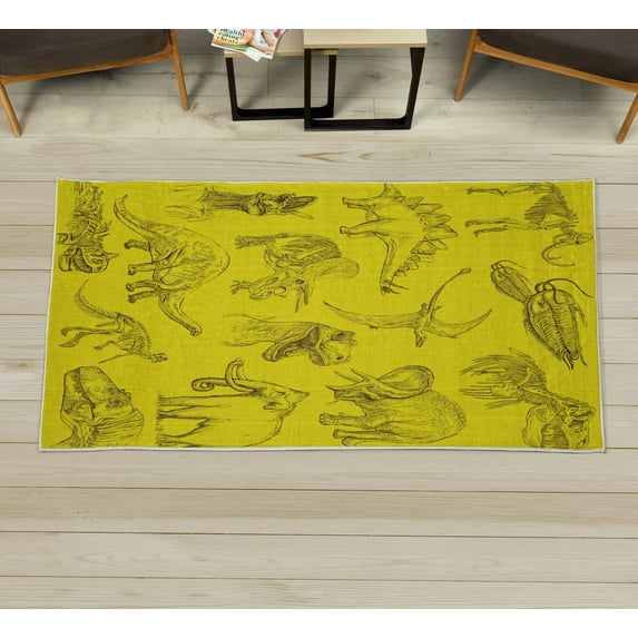 Jurassic Decorative Rug, Arrangement of Various Dinosaurs Illustrations Skeleton Biology Historic, Quality Carpet for Bedroom Dorm and Living Room, 6 Sizes, Pale Earth, by Ambesonne
