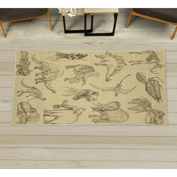 Jurassic Decorative Rug, Arrangement of Various Dinosaurs Illustrations Skeleton Biology Historic, Quality Carpet for Bedroom Dorm and Living Room, 6 Sizes, Pale Yellow, by Ambesonne