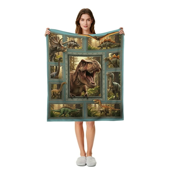 Jurassic Dinosaur Flannel Blanket, Soft & Cozy Fleece Throw Featuring T-Rex, Stegosaurus & Pterodactyl in a Framed Art Collage, Lightweight Warm Plush Blanket - 50"x40"