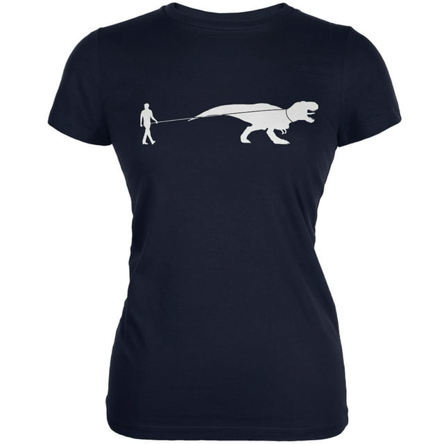 Jurassic - Dinosaur T-Rex On A Leash Navy Juniors Soft T-Shirt - Medium