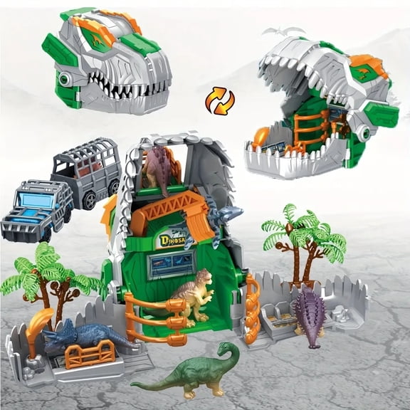 Jurassic Dinosaurs Park Playset Transformer Dino Base Educational Toy with Dinosaur Model Figurines Truck Tree Cage Gift for Boy