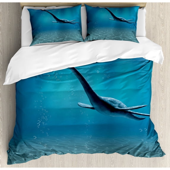 Jurassic Duvet Cover Set, Aquatic Dinosaur the Elasmosaurus Lived During the Cretaceous Period Print, Decorative 3 Piece Bedding Set with 2 Pillow Shams, King Size, Blue, by Ambesonne