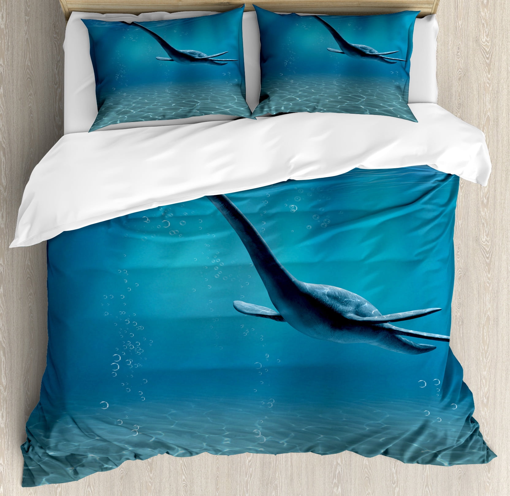 Aquatic Dinosaur Blue Microfiber Queen Duvet Cover Set