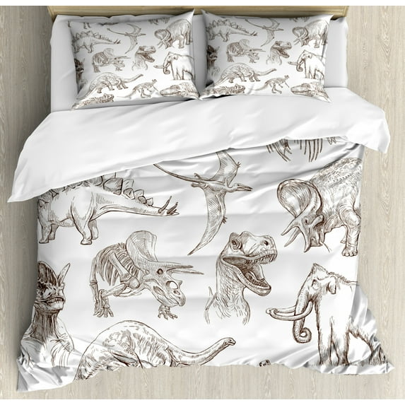 Jurassic Duvet Cover Set, Arrangement of Various Dinosaurs Illustrations Skeleton Biology Historic, Decorative 3 Piece Bedding Set with 2 Pillow Shams, Queen Size, Dark Brown, by Ambesonne