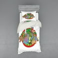 thumbnail image 1 of Jurassic Duvet Cover Set, Dinosaur Characters on Planet Globe Large Tropical Plants Leaves Landscape Print, Bedding Set with Shams and Fitted Sheet, 3 Sizes, by Ambesonne, 1 of 3