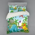 thumbnail image 1 of Jurassic Duvet Cover Set, Dinosaurs Living in the Jungle Illustration Palm Trees Lakeside Stones Fun Artwork, Bedding Set with Shams and Fitted Sheet, 3 Sizes, by Ambesonne, 1 of 3