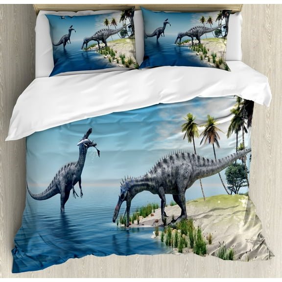 Jurassic Duvet Cover Set, Large Fish is Caught by a Suchomimus Dinosaur Flying Pterosaur Dinosaur, Decorative 3 Piece Bedding Set with 2 Pillow Shams, Calking Size, Blue Green Grey, by Ambesonne