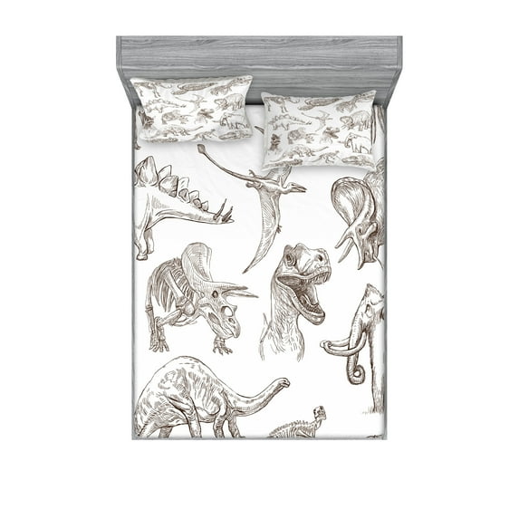Jurassic Fitted Sheet & Pillow Sham Set, Arrangement of Various Dinosaurs Illustrations Skeleton Biology Historic, Decorative Printed 6 Piece Bedding Decor Set, Queen, Dark Brown White, by Ambesonne